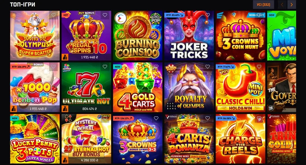 Каталог ТОП-ігор AllWin UA Casino з плитками популярних слотів