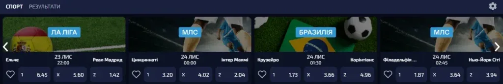 Лінія спортивних ставок AllWin UA з матчами та коефіцієнтами